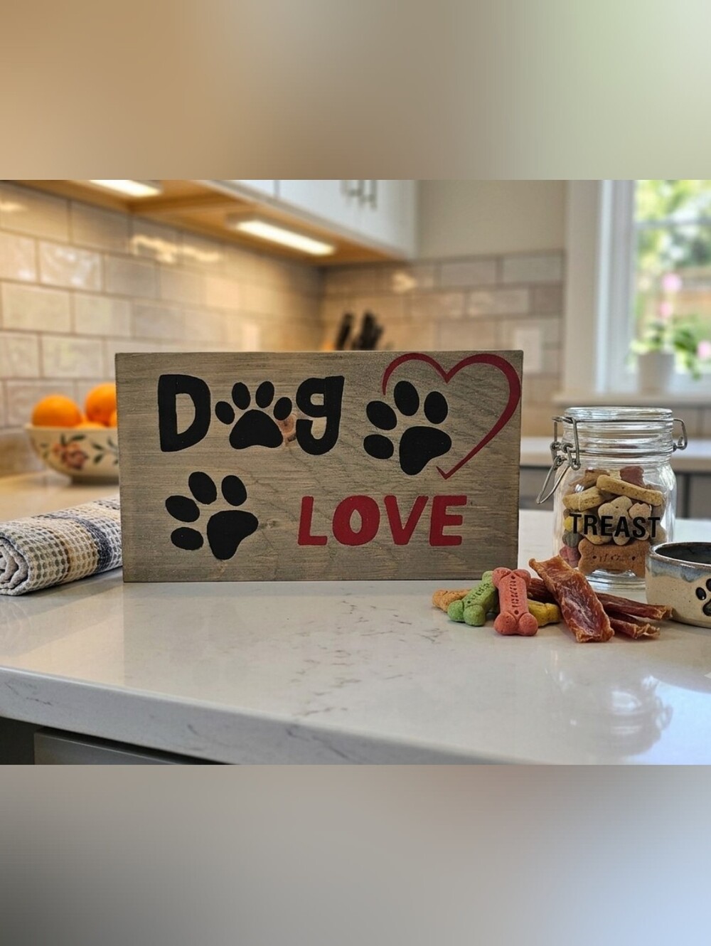 Dog Love Decorative Wood  Sign - Red and Black Paw Design